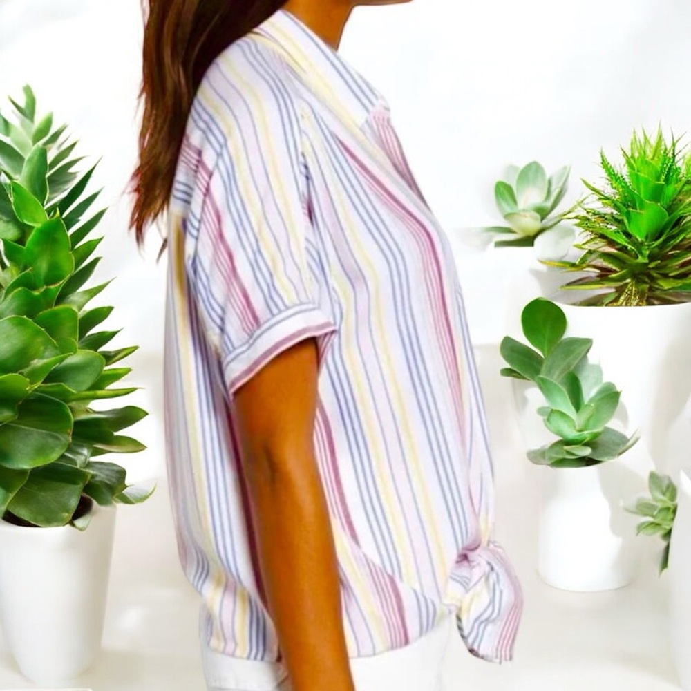 Beach Lunch Lounge Linen Rainbow Brooklyn Womens Stripe Tie-Front Button-DownTop - Picture 3 of 16